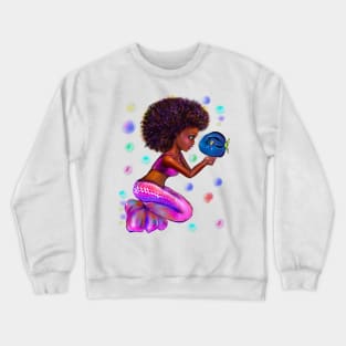 Black anime mermaid with blue tang fish and bubbles. Pretty black girl with Afro hair, green eyes, Cherry pink lips and dark brown skin. Hair love ! Crewneck Sweatshirt